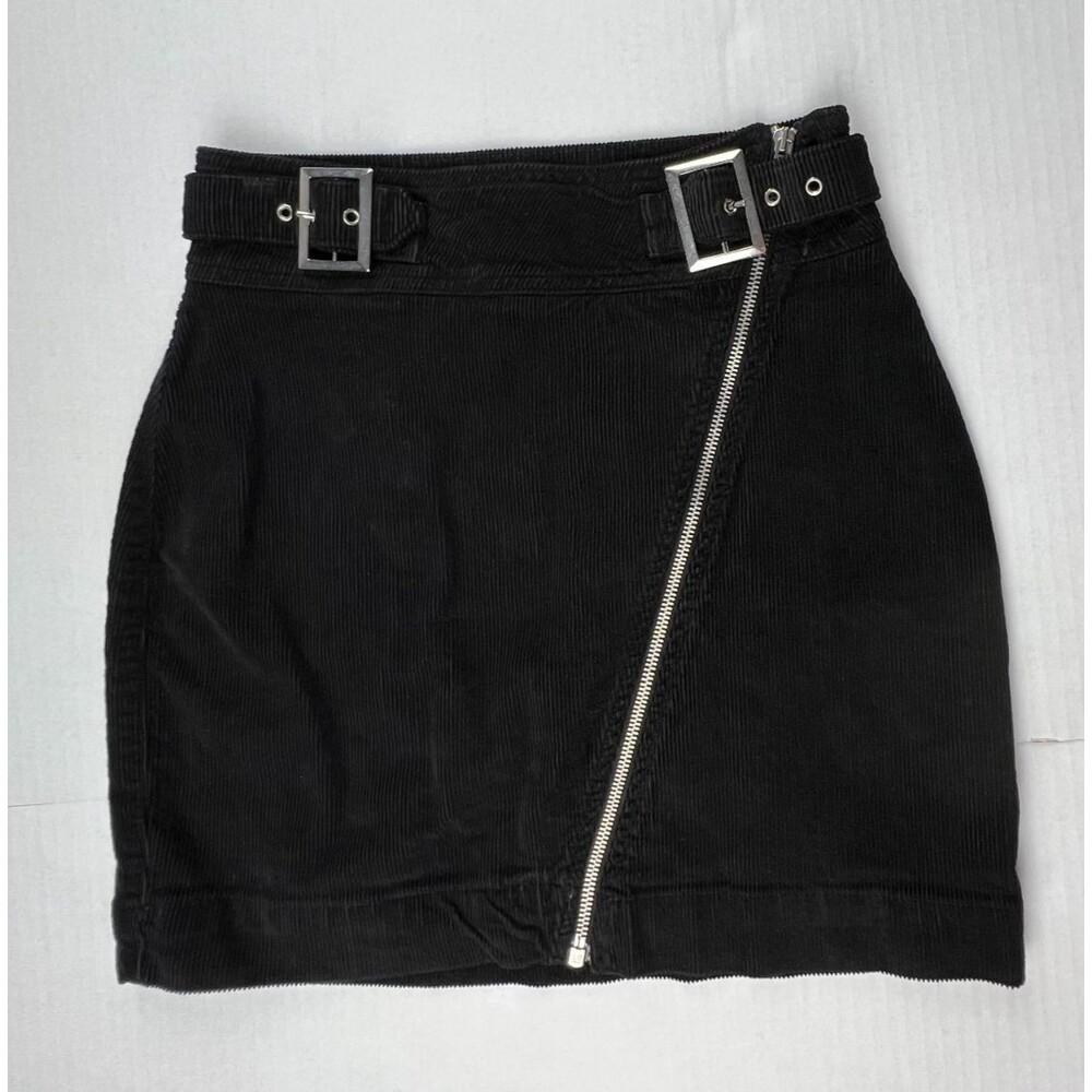 Urban Outfitters Black Corduroy Mini Skirt S Asymmetrical Zip Buckle Y2K